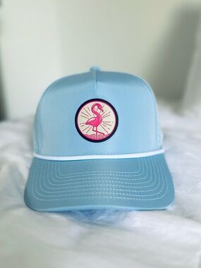 Light Blue Trucker Hat with Pink Flamingo Patch